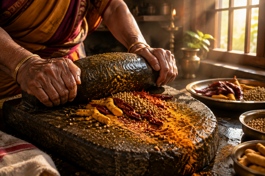 सिल-बट्टे पर साबुत हल्दी और लाल मिर्च पीसती दादी माँ के हाथ और पारंपरिक शुद्ध मसाले।