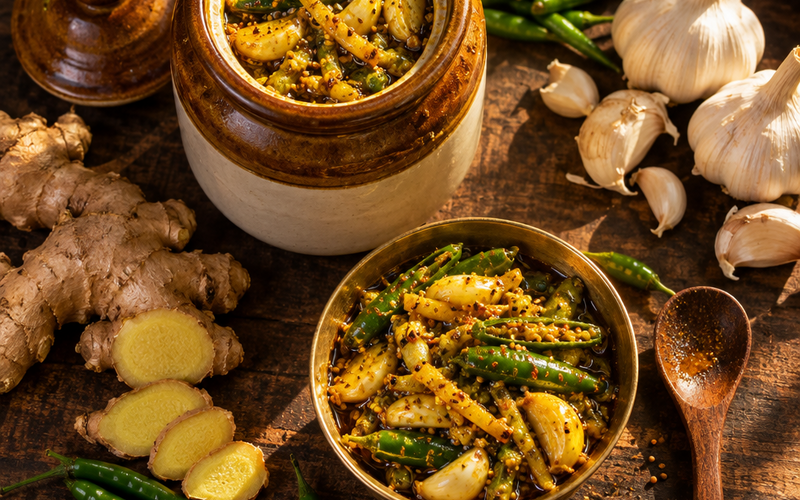 Ginger Garlic Green Chilli Pickle in a ceramic barni jar surrounded by fresh ginger, garlic, green chillies, and mustard oil.