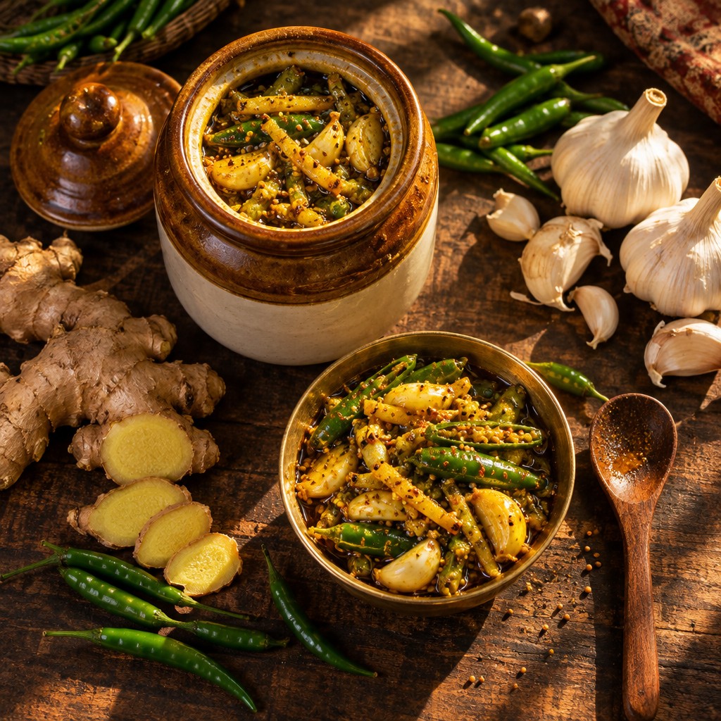 Ginger Garlic Green Chilli Pickle in a ceramic barni jar surrounded by fresh ginger, garlic, green chillies, and mustard oil.