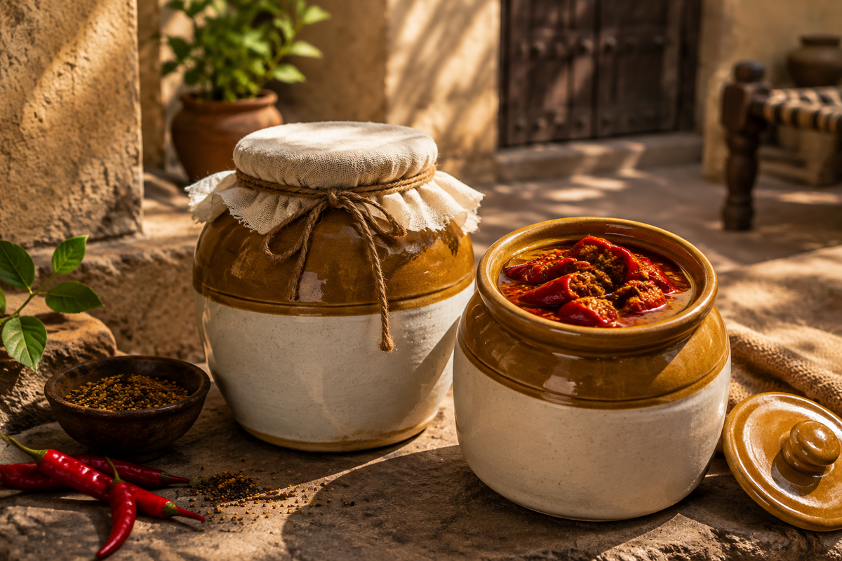 Traditional white and brown ceramic barni jars used for sun-curing pickles on a stone ledge
