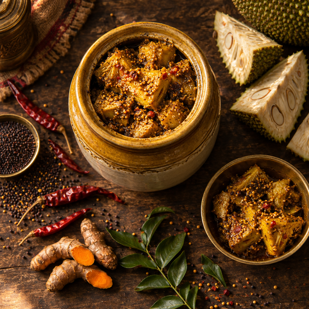 Traditional Kathal Ka Aachar (Jackfruit Pickle) in a vintage ceramic barni jar surrounded by mustard oil, raw jackfruit, and spices