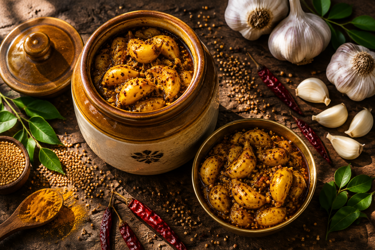 Authentic Lahsun Ka Aachar (Garlic Pickle) in a vintage ceramic barni jar surrounded by garlic bulbs, mustard oil, and spices.