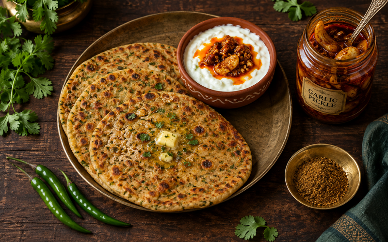 Golden stuffed parathas served with garlic pickle dahi dip and a jar of Khat Mitthi Lahsun Achar on a dark wooden table.