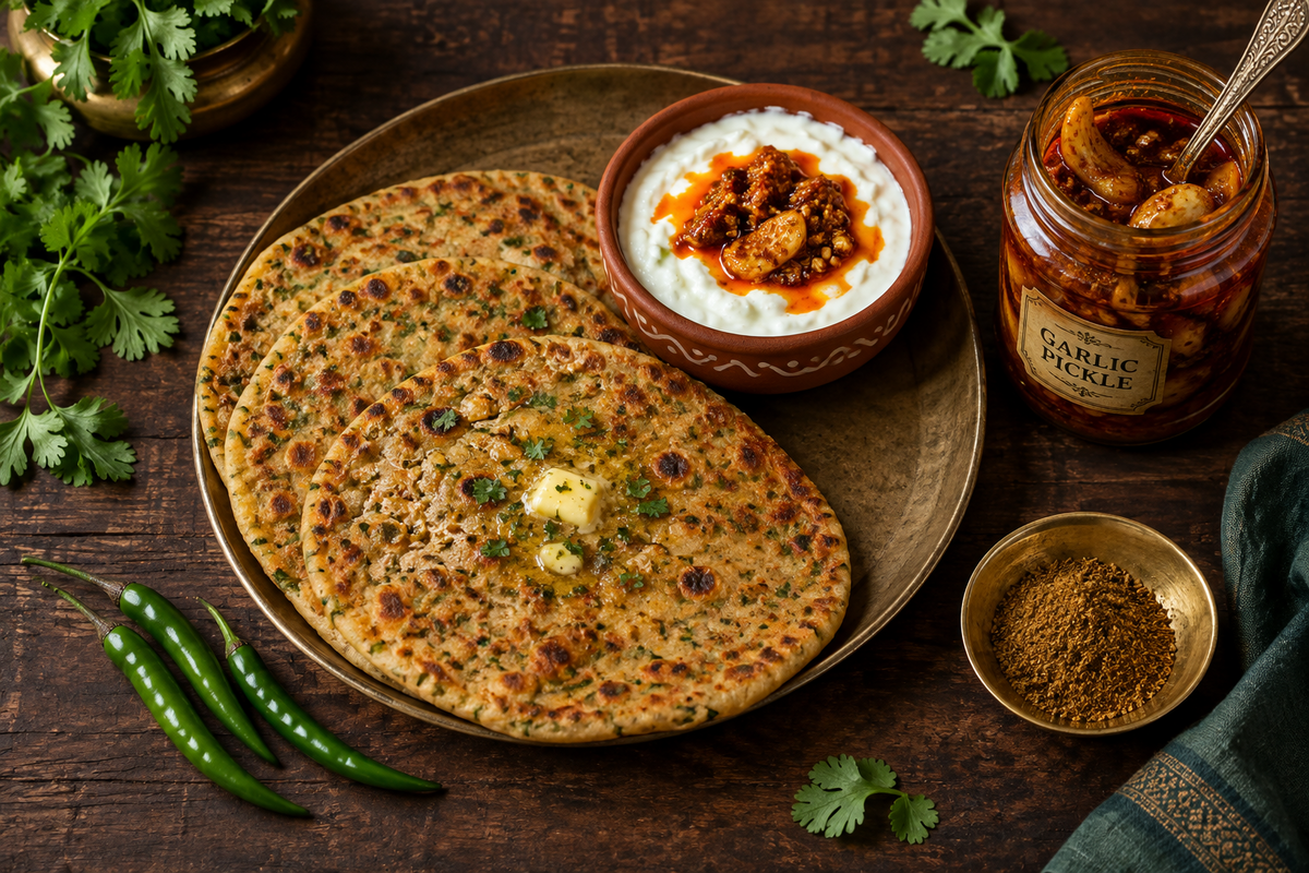 Golden stuffed parathas served with garlic pickle dahi dip and a jar of Khat Mitthi Lahsun Achar on a dark wooden table.