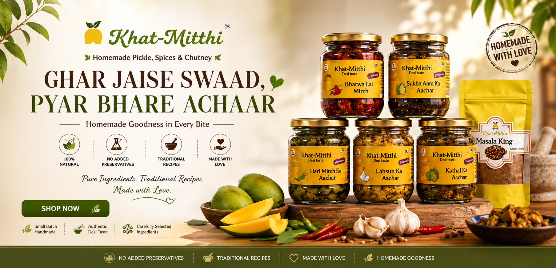 Khat Mitthi – Ghar Jaise Swaad. Authentic homemade Indian pickles crafted with traditional family recipes, premium ingredients, and rich homemade flavours, showcased with fresh garlic, lemons, red and green chillies, and signature Khat Mitthi packaging.