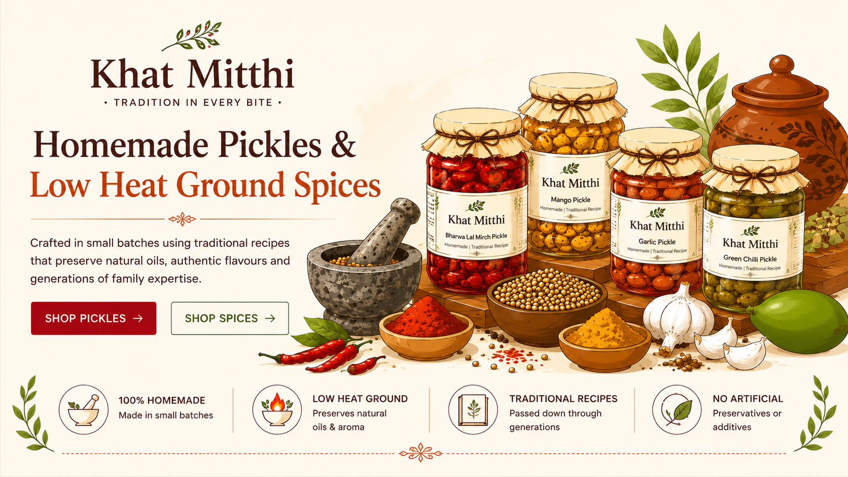 Khat Mitthi Homemade Pickles & Low Heat Ground Spices, 100% Natural, Home made, Low heat ground preserving natural oil and aroma, traditional recipe, No artificail colour or preservatives
