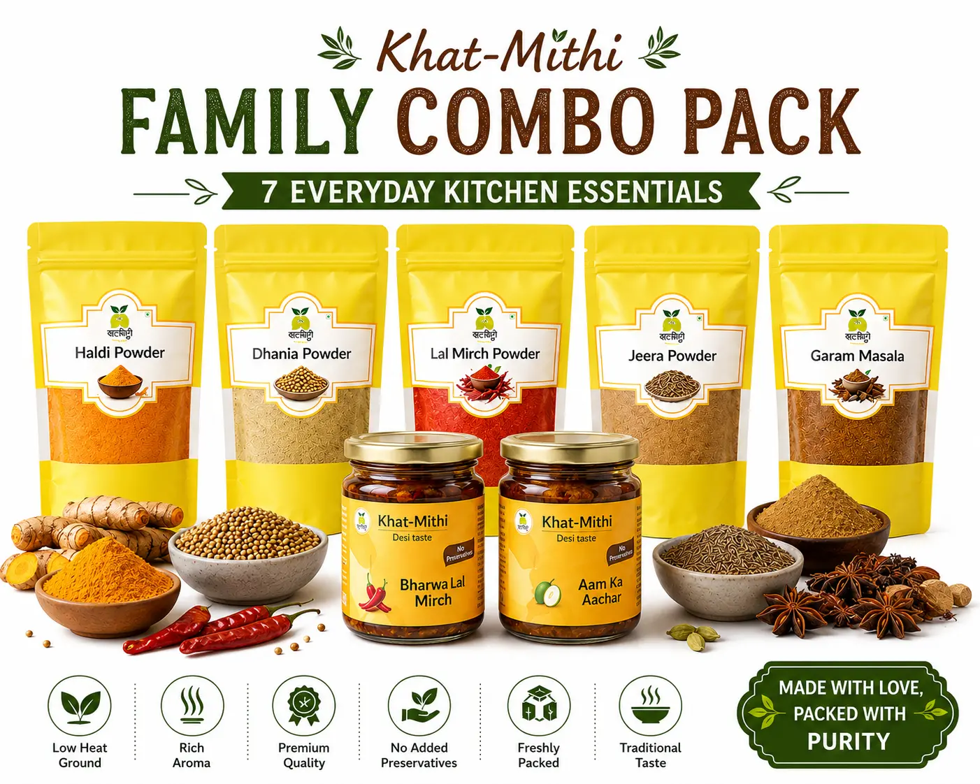 Khat Mitthi Family Combo Pack – Homemade Indian Spices & Pickles | 7 Everyday Kitchen Essentials