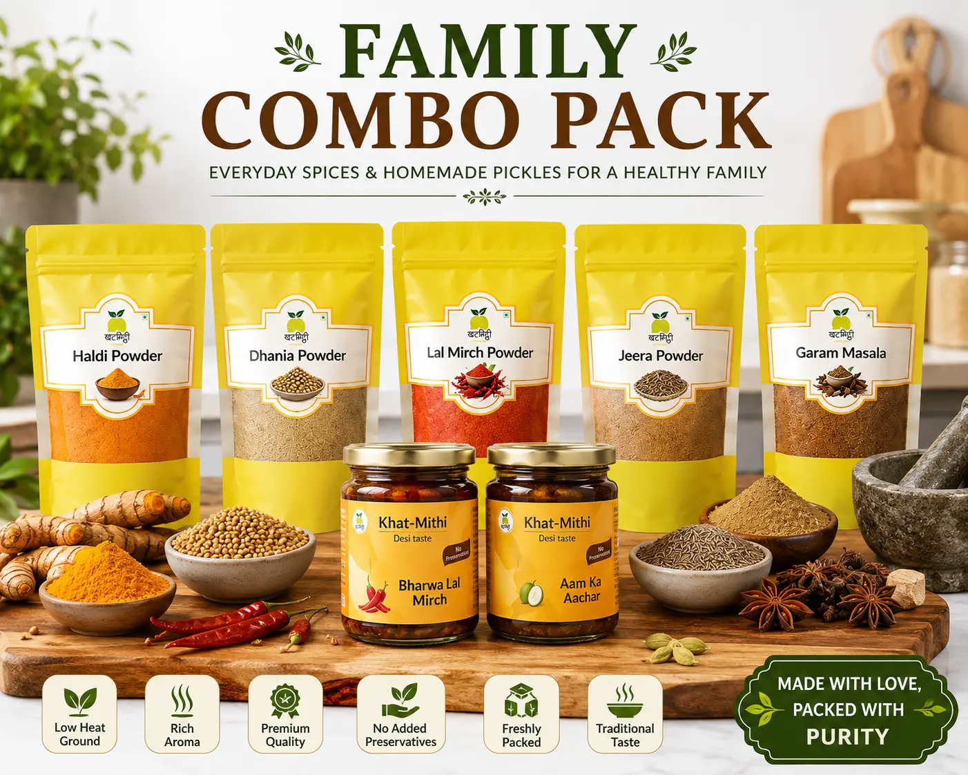 Khat Mitthi Family Combo Pack – Homemade Indian Spices & Pickles | 7 Everyday Kitchen Essentials
