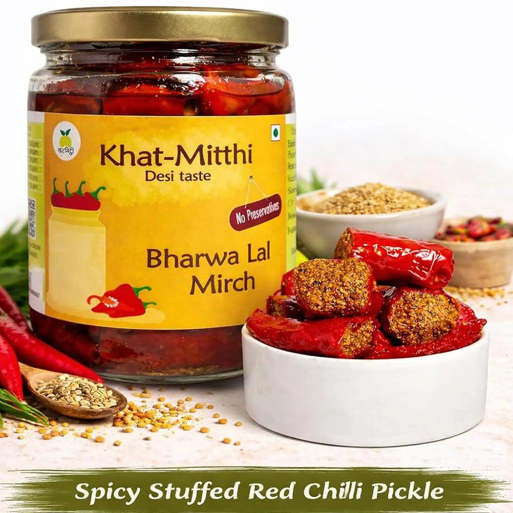 Khat Mitthi Bharwa Lal Mirch Achar | Homemade Stuffed Red Chilli Pickle | Traditional Indian Achar | 100% Natural - Khat Mitthi