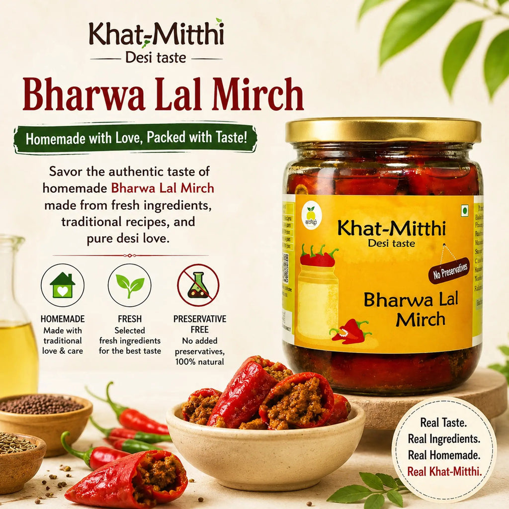 Khat Mitthi Bharwa lal Mirch Home made with love and packed with taste, Home made, fresh ingredient for best tast, preservative free, 100% natural. Real taste, real home made pickle 