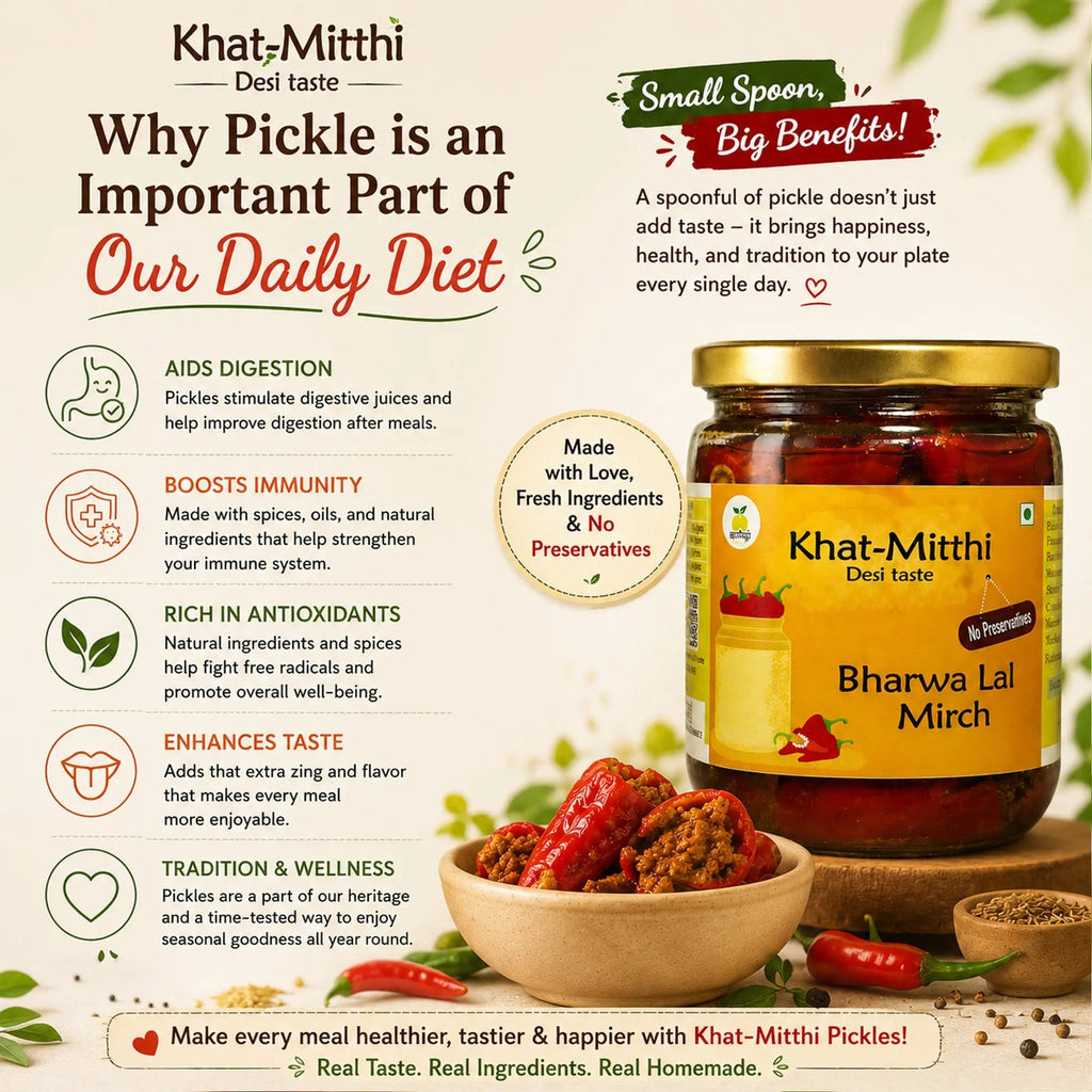 Khat Mitthi Bharwa Lal Mirch Pickle – authentic stuffed red chilli pickle made with carefully selected whole red chillies, premium Indian spices, and traditional family recipes for rich flavour, authentic aroma, and Pure. Homemade. Desi Taste.