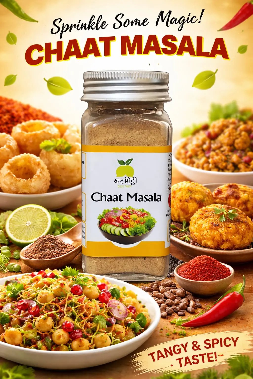 Khat Mitthi Chaat Masala – premium Indian spice blend made from carefully selected spices to deliver tangy flavour, rich aroma, and Pure. Homemade. Desi Taste. for chaat, fruits, salads, sandwiches, raita, snacks, and everyday Indian recipes.