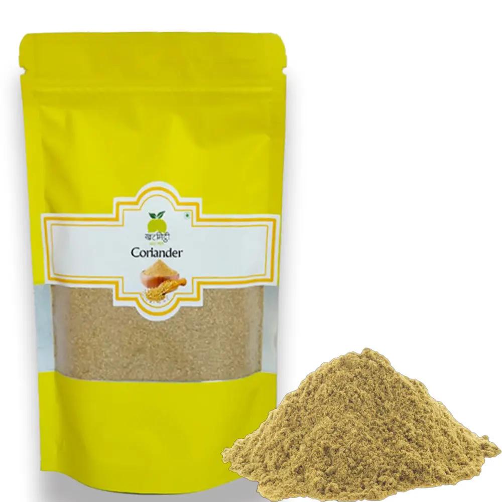 Khat Mitthi Dhaniya Powder prepared from premium coriander seeds for fresh aroma, authentic flavour, and delicious taste in curries, vegetables, dals, and Indian recipes.
