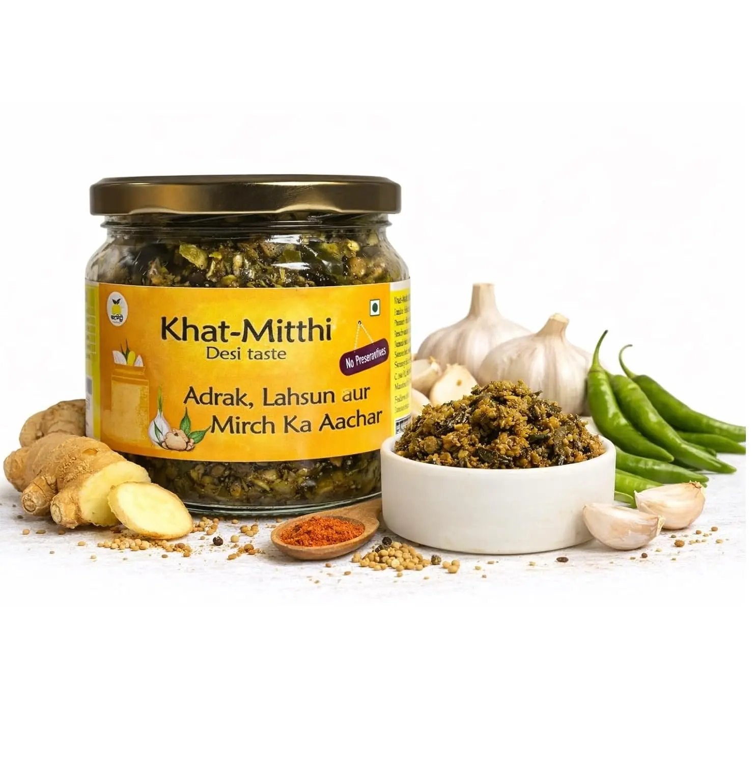 Khat Mitthi Adrak Lahsun Mirch Ka Achar – authentic homemade ginger, garlic, and green chilli pickle made with carefully selected ingredients, premium Indian spices, and traditional family recipes for rich flavour and Pure. Homemade. Desi Taste.