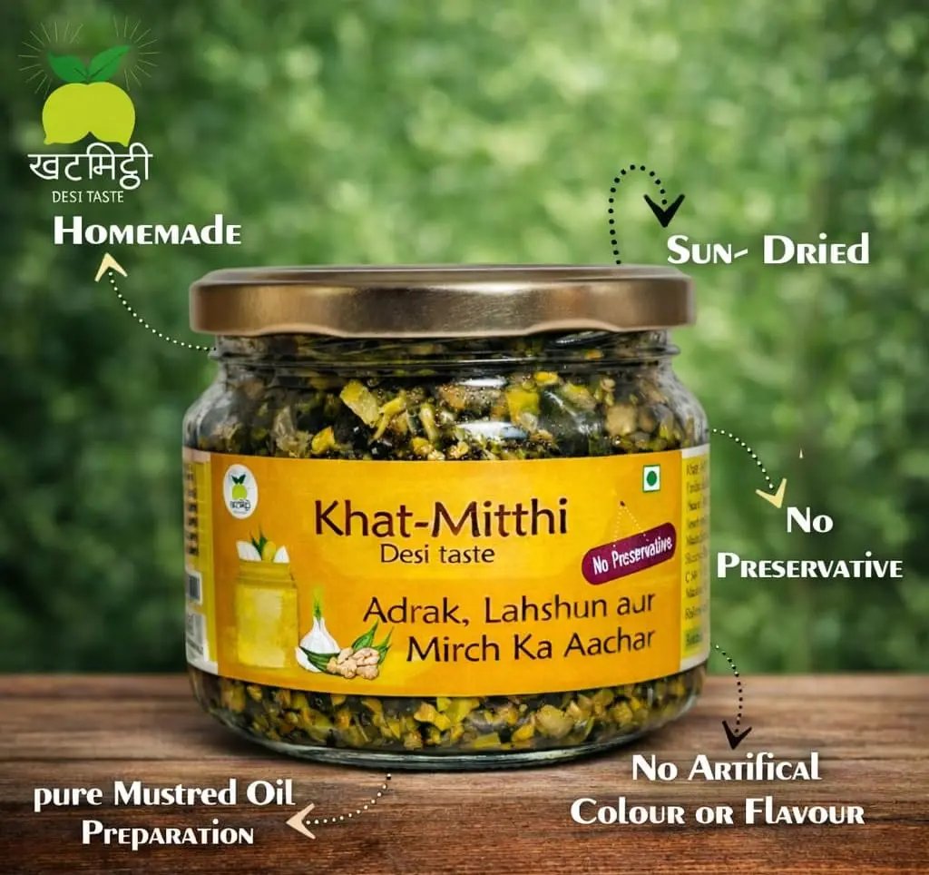 Khat Mitthi Adrak Lahsun Mirch Ka Achar served with parathas and traditional Indian meals, highlighting rich flavour, authentic recipes, and homemade taste.