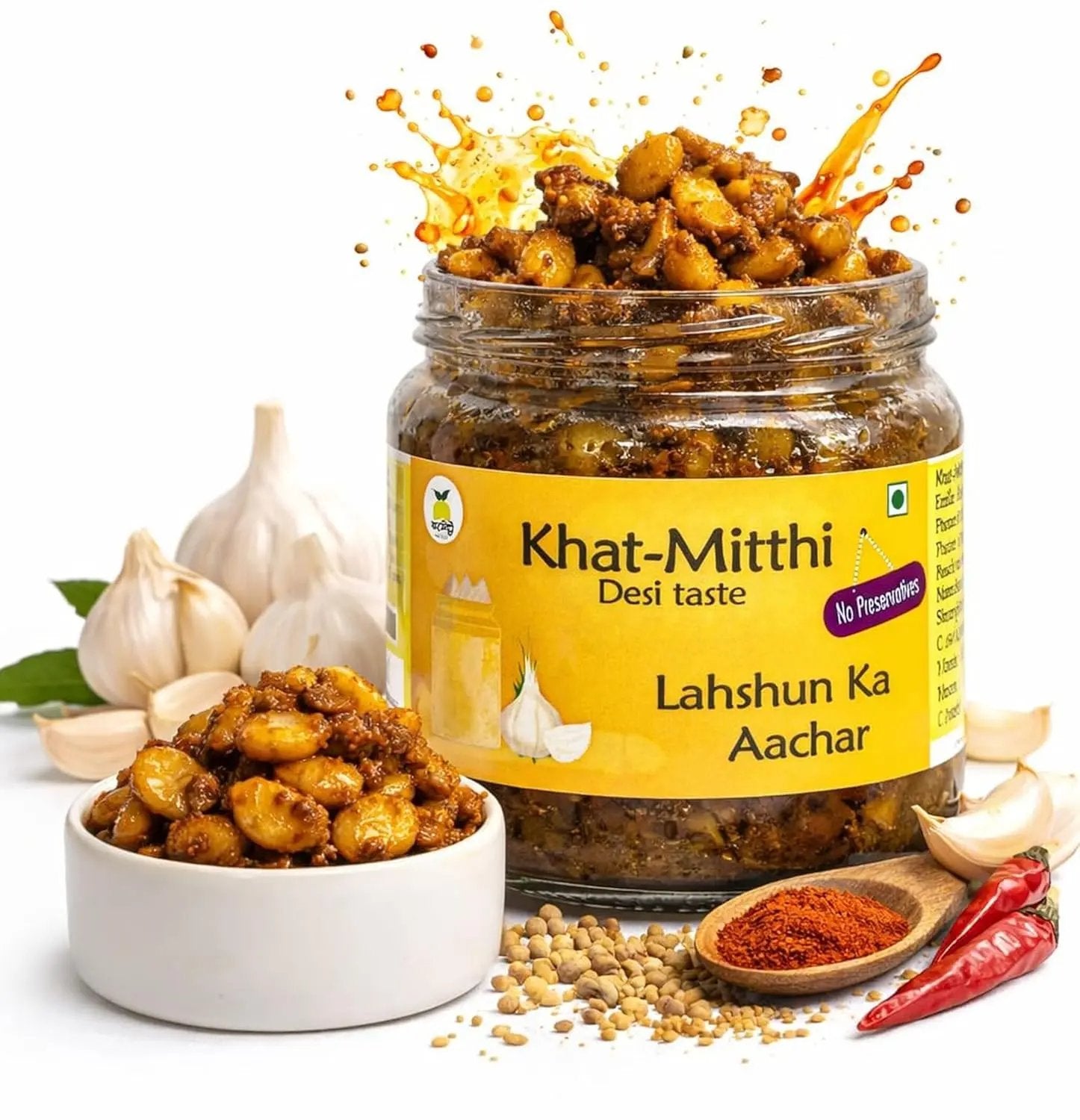 Khat Mitthi Lahsun Ka Achar prepared with fresh garlic cloves, premium Indian spices, and authentic traditional recipes for rich flavour and homemade taste.
