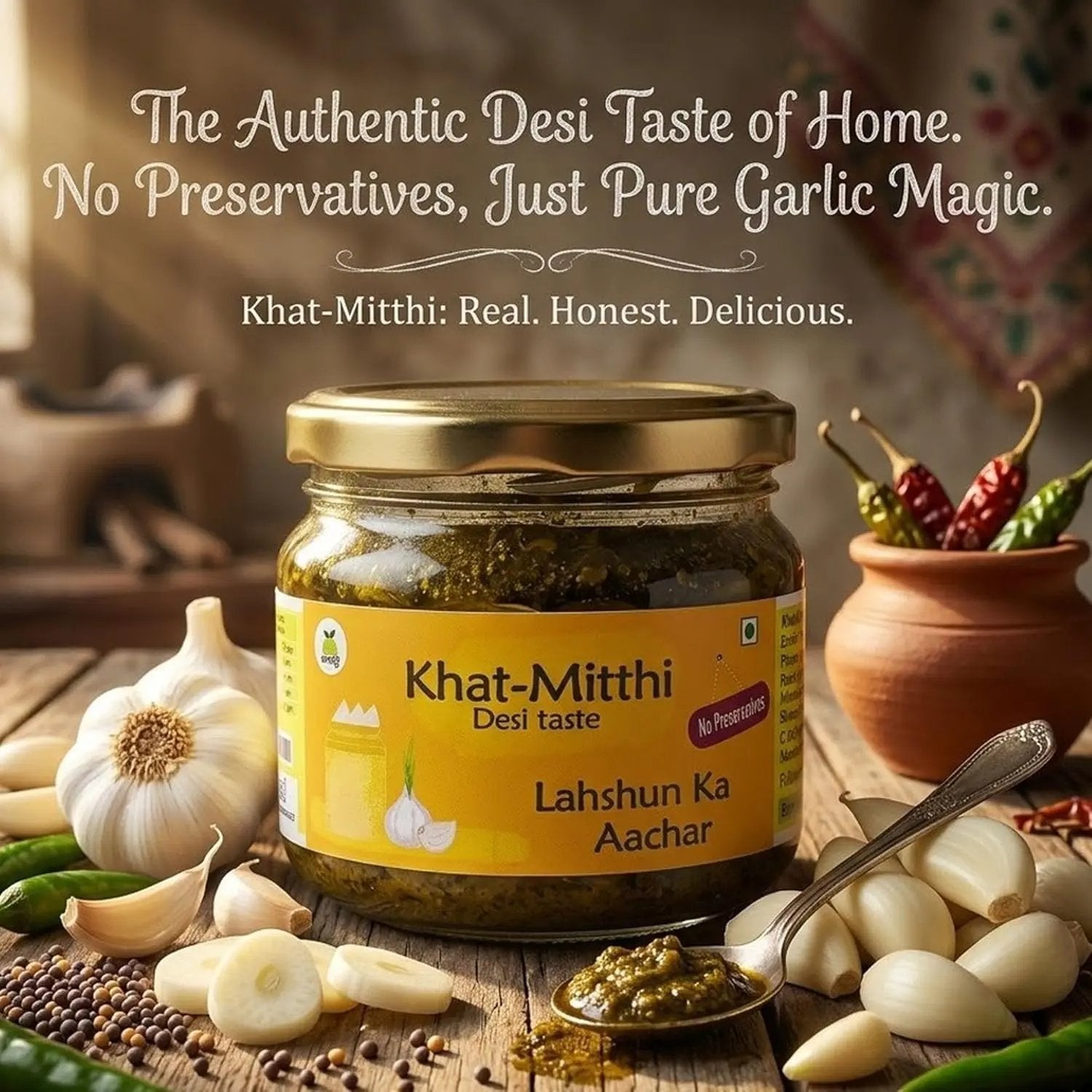 Khat Mitthi Garlic Pickle made with fresh garlic and premium Indian spices to deliver rich flavour, authentic aroma, and traditional homemade goodness.