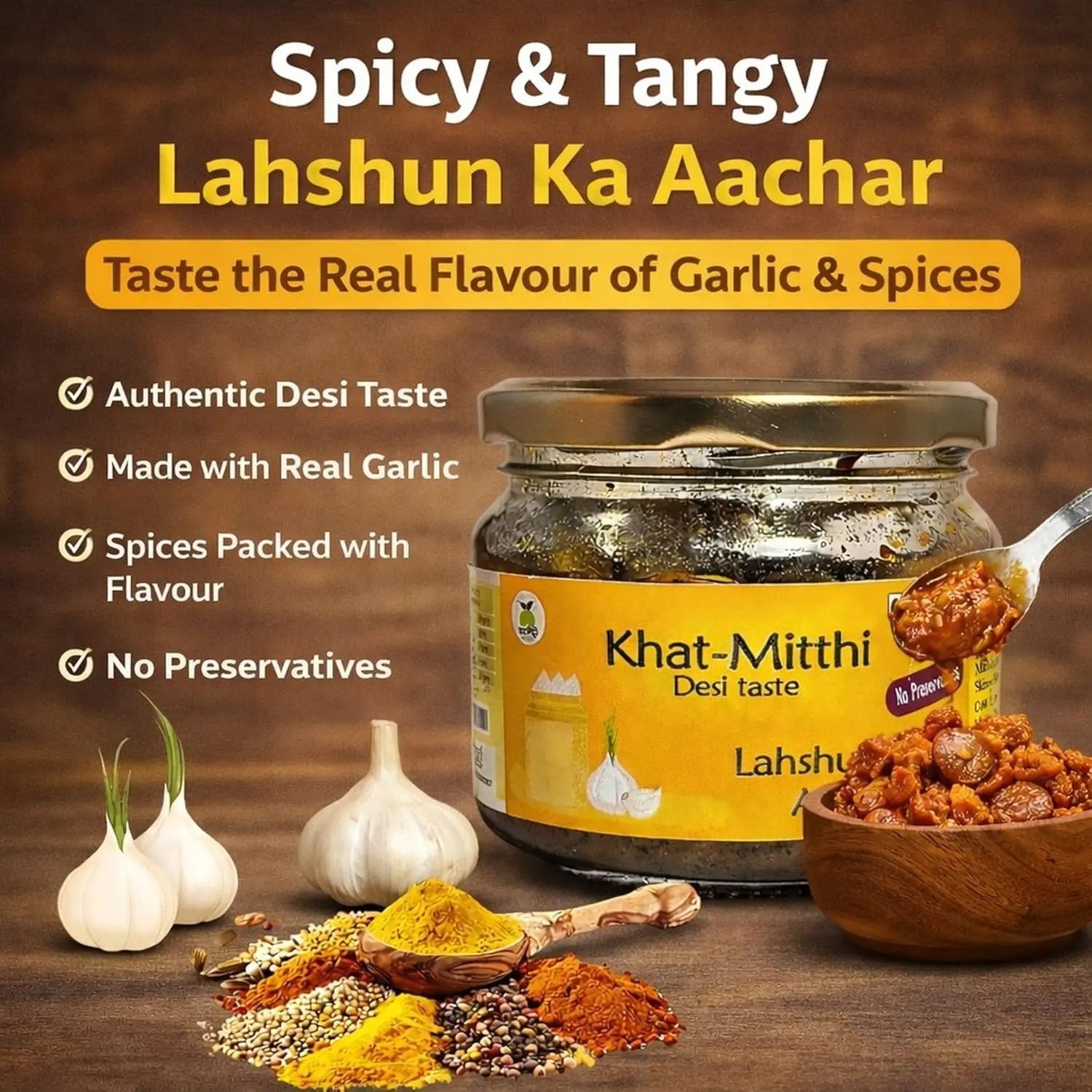 Khat Mitthi Garlic Pickle – authentic homemade lahsun ka achar made with fresh garlic cloves, carefully selected Indian spices, and traditional family recipes for rich flavour, authentic aroma, and Pure. Homemade. Desi Taste.