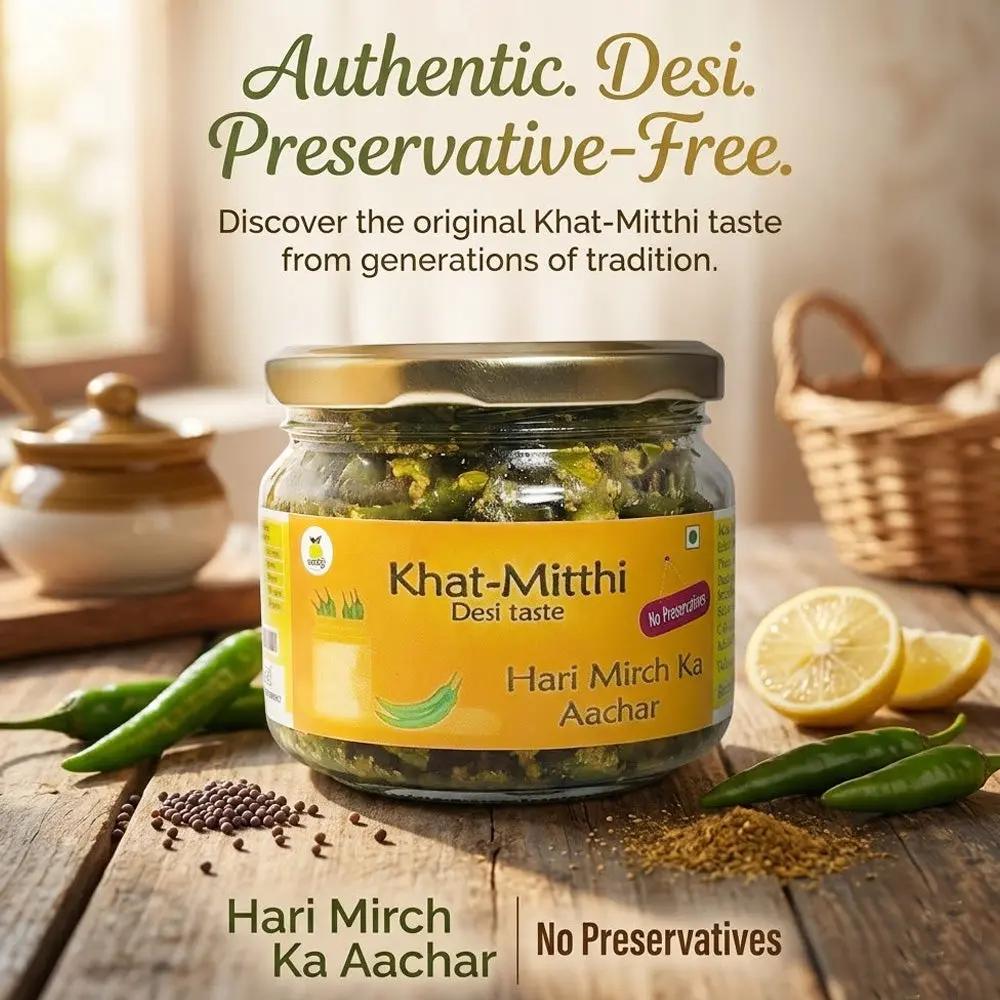 Khat Mitthi Premium Green Chilli Pickle prepared with fresh green chillies, premium Indian spices, and traditional recipes for Pure. Homemade. Desi Taste.