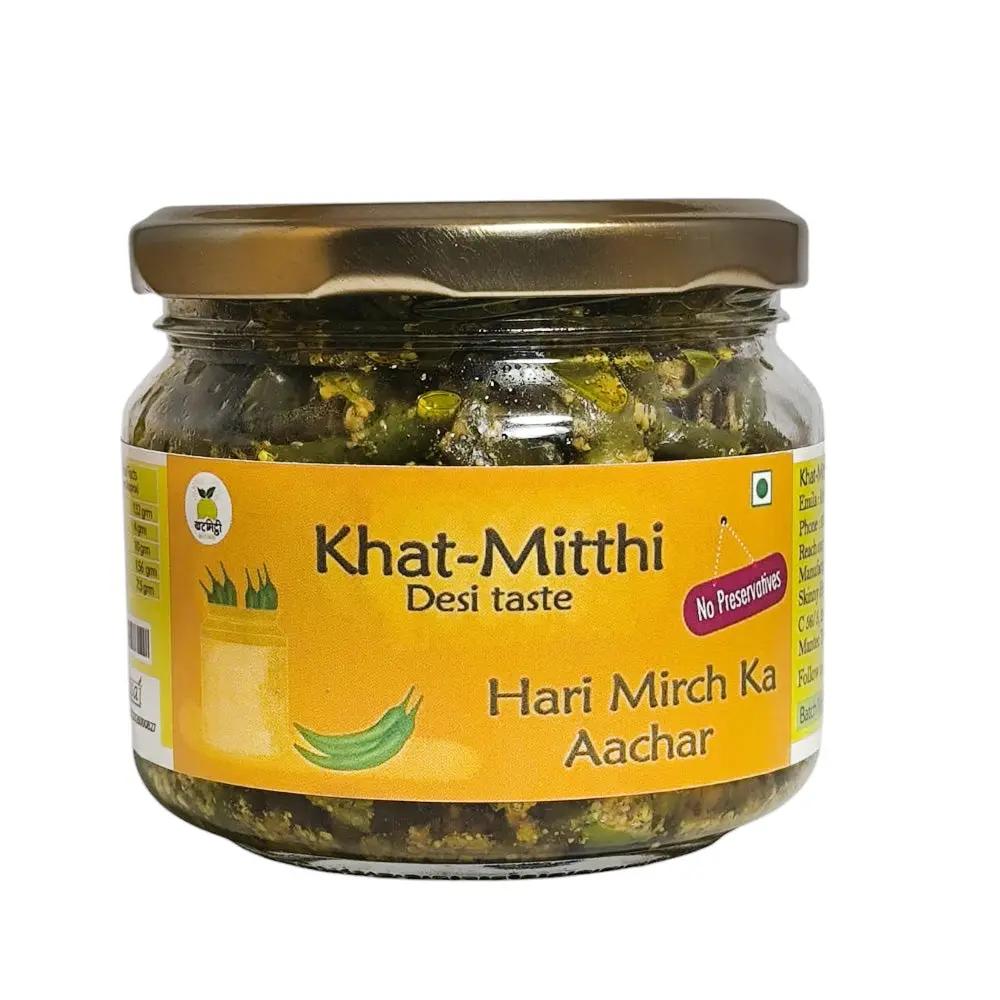 Premium Khat Mitthi Green Chilli Pickle crafted from fresh green chillies and carefully selected Indian spices for authentic Indian meals and homemade taste.