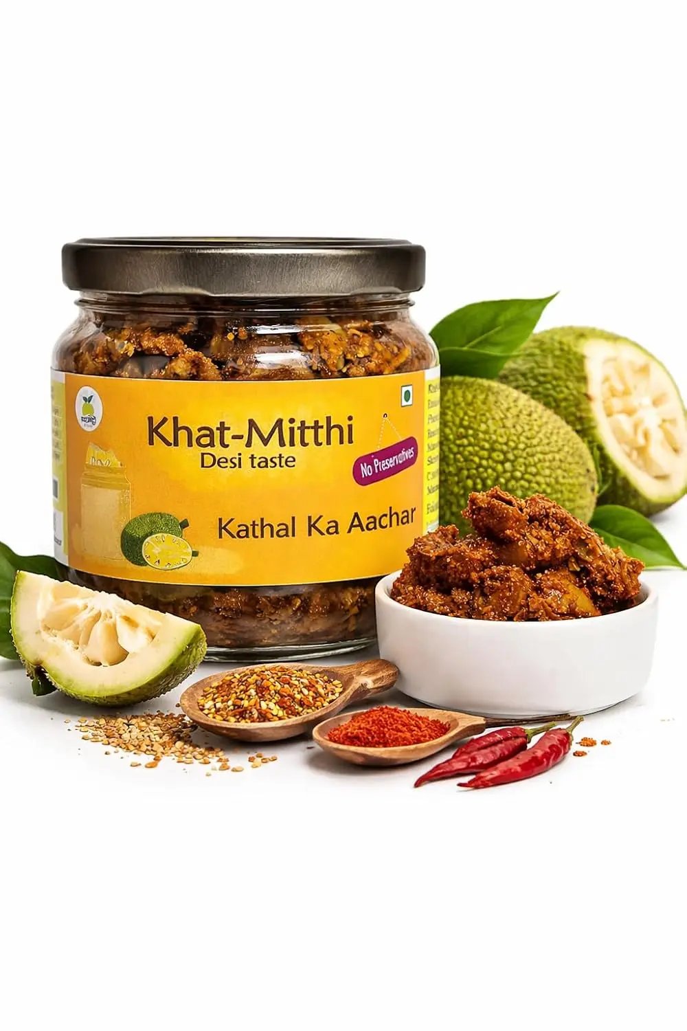 Premium Khat Mitthi Kathal Pickle crafted from tender jackfruit and carefully selected Indian spices for authentic Indian meals and homemade taste.