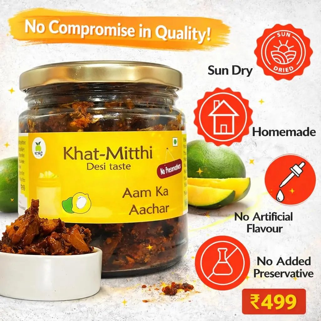 Khat Mitthi Mango Pickle- Sun Dried, Home made, No artificial flavour, No added preservatives, No compromise in quality