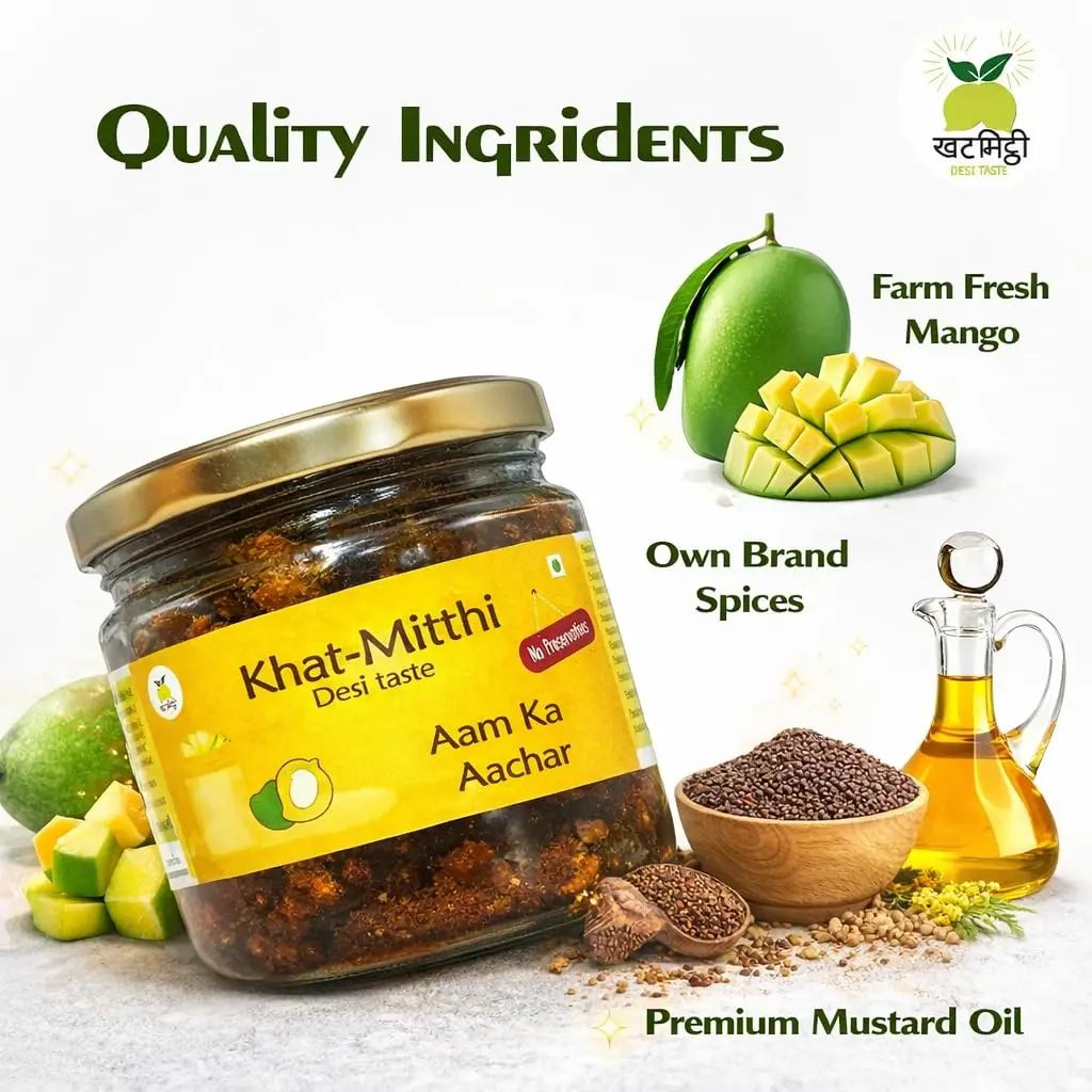 Khat Mitthi Mango Pickle – authentic homemade aam ka achar made with carefully selected raw mangoes, premium Indian spices, and traditional family recipes for rich flavour, authentic aroma, and Pure. Homemade. Desi Taste.
