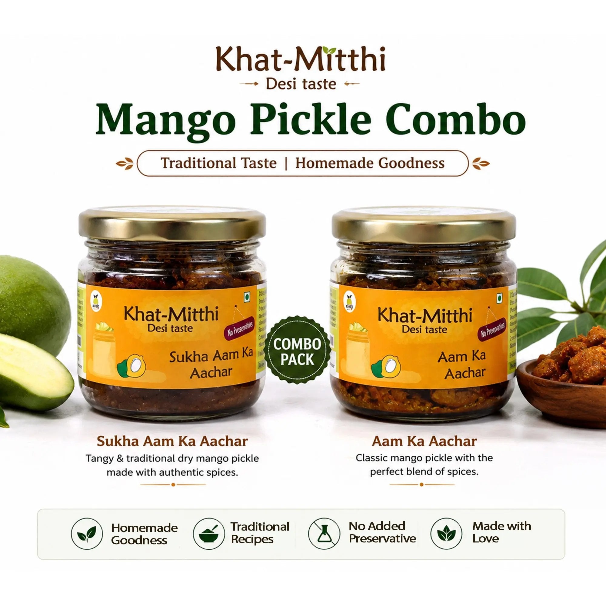 Khat Mitthi Mango Pickle Combo – authentic homemade Indian mango pickles -oil based mango pickle and dry mango pickle crafted with carefully selected raw mangoes, premium spices, and traditional family recipes for rich flavour and Pure. Homemade. Desi Taste.