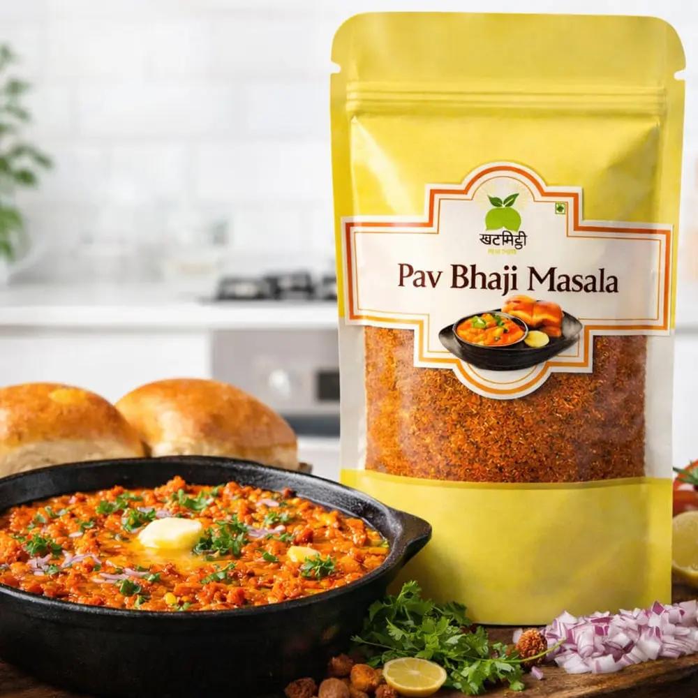 Khat Mitthi Pav Bhaji Masala – premium Indian spice blend made from carefully selected whole spices to deliver rich aroma, authentic Mumbai-style flavour, and Pure. Homemade. Desi Taste. for pav bhaji, tawa pulao, vegetable curries, and everyday Indian cooking.