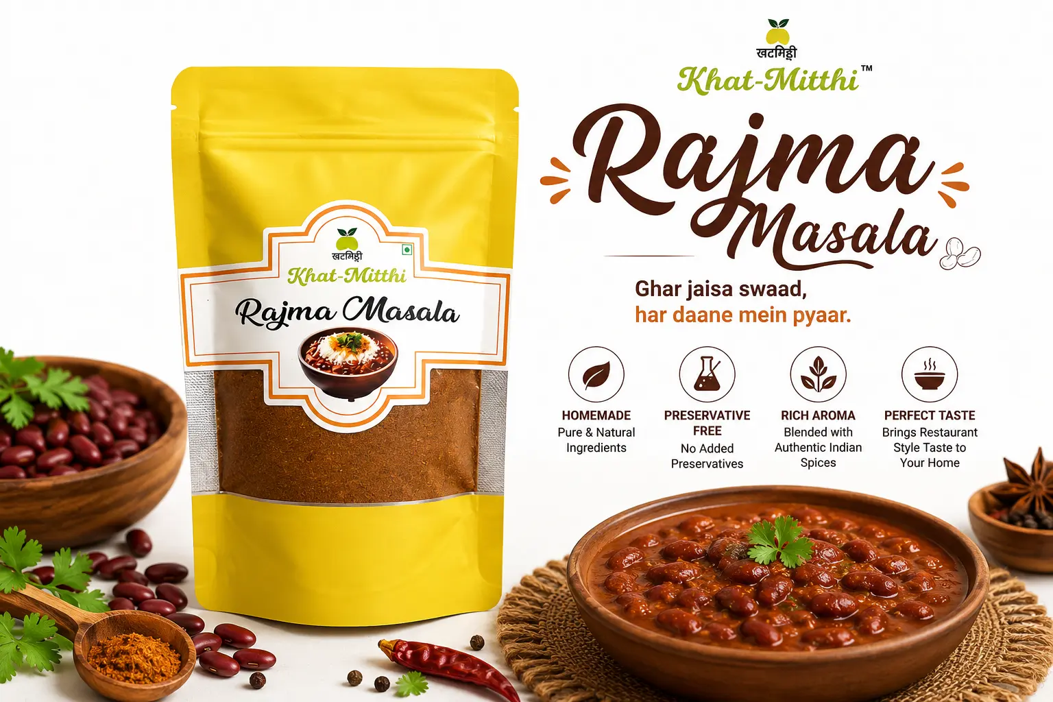 Khat Mitthi Rajma Masala | Low Heat Ground Punjabi Rajma Masala | Homemade Taste - Khat Mitthi    Buy Khat Mitthi Rajma Masala made with premium whole spices and low heat grinding for rich aroma and authentic Punjabi rajma. No artificial preservatives.