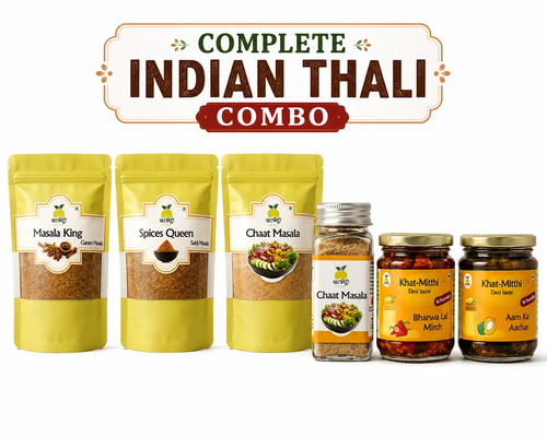 Khat Mitthi Complete Indian Thali Combo with Garam Masala, Sabji Masala, Chaat Masala, Bharwa Lal Mirch Pickle and Mango Pickle