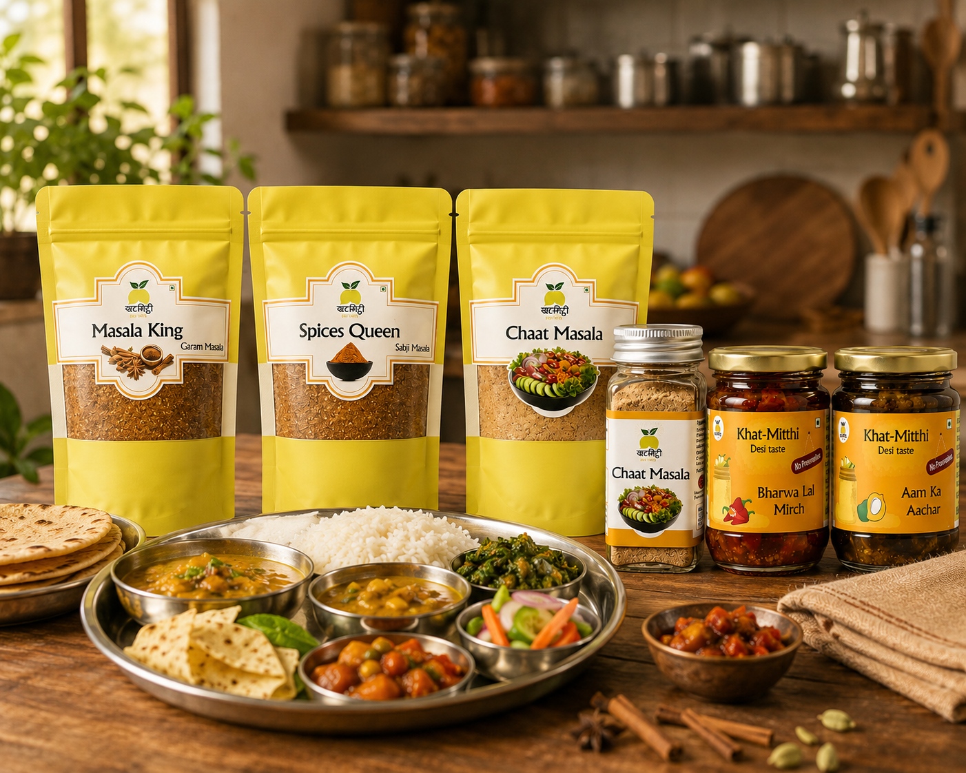 Traditional Indian thali served with Khat Mitthi spice and pickle combo including Garam Masala, Sabji Masala, Chaat Masala and homemade pickles