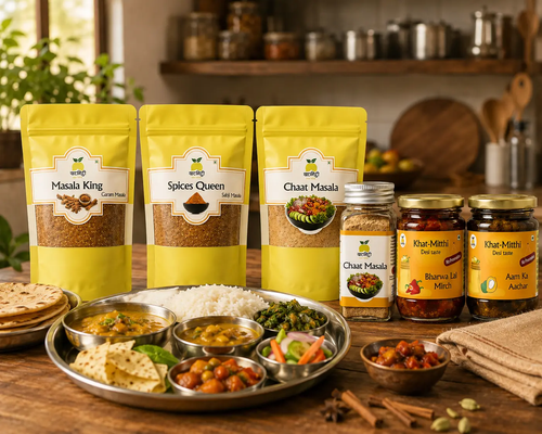 Traditional Indian thali served with Khat Mitthi spice and pickle combo including Garam Masala, Sabji Masala, Chaat Masala and homemade pickles