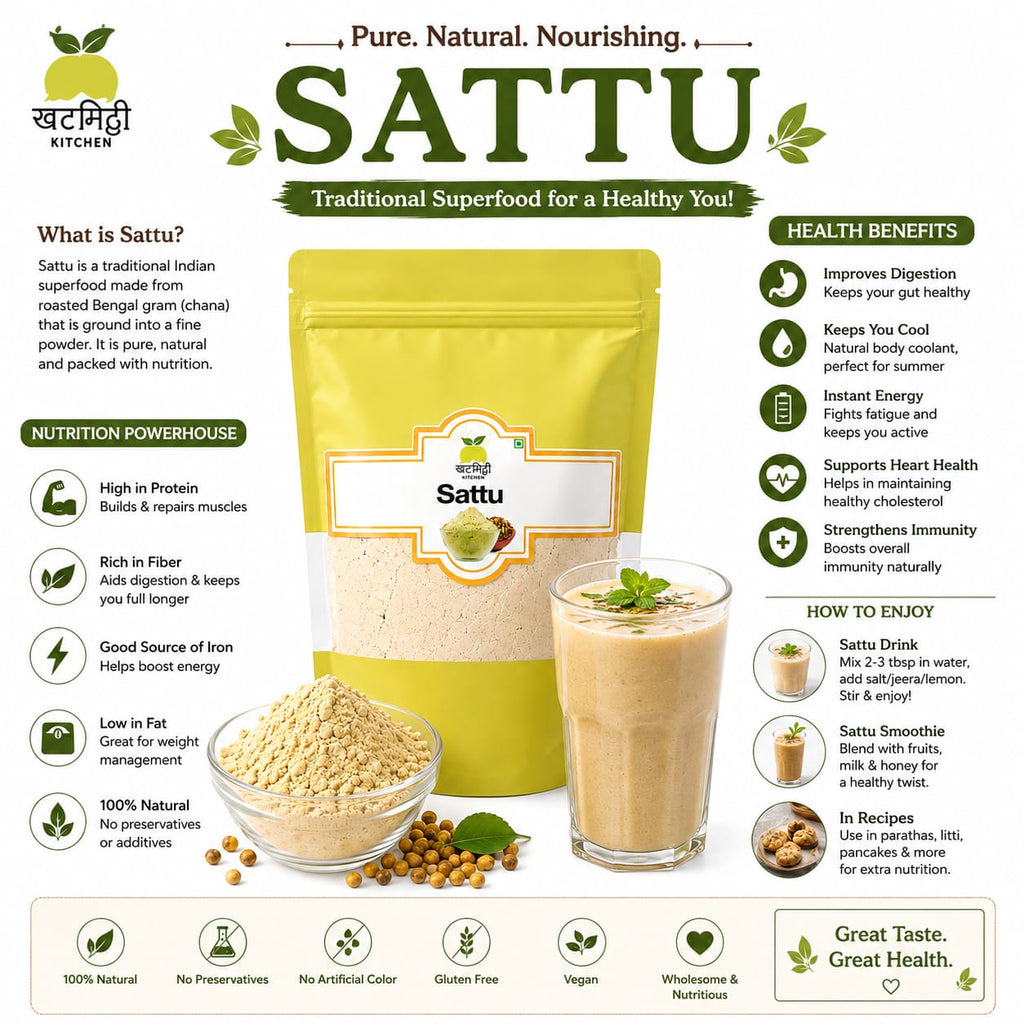 Khat Mitthi Chana Sattu Flour | Roasted Bengal Gram Flour | Traditional Indian Sattu