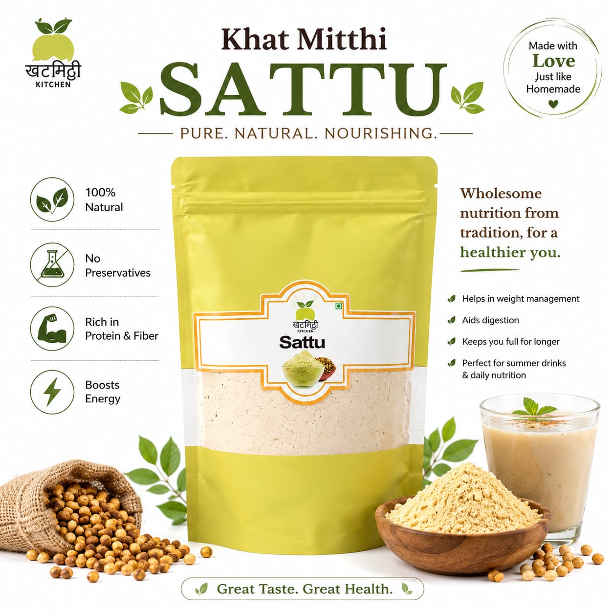 Khat Mitthi Chana Sattu Flour | Roasted Bengal Gram Flour | Traditional Indian Sattu