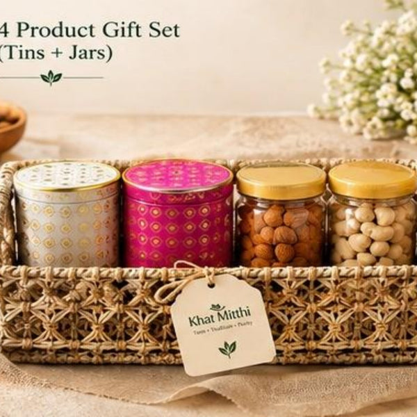 Artisan woven jute tray hamper with dry fruits and makhana