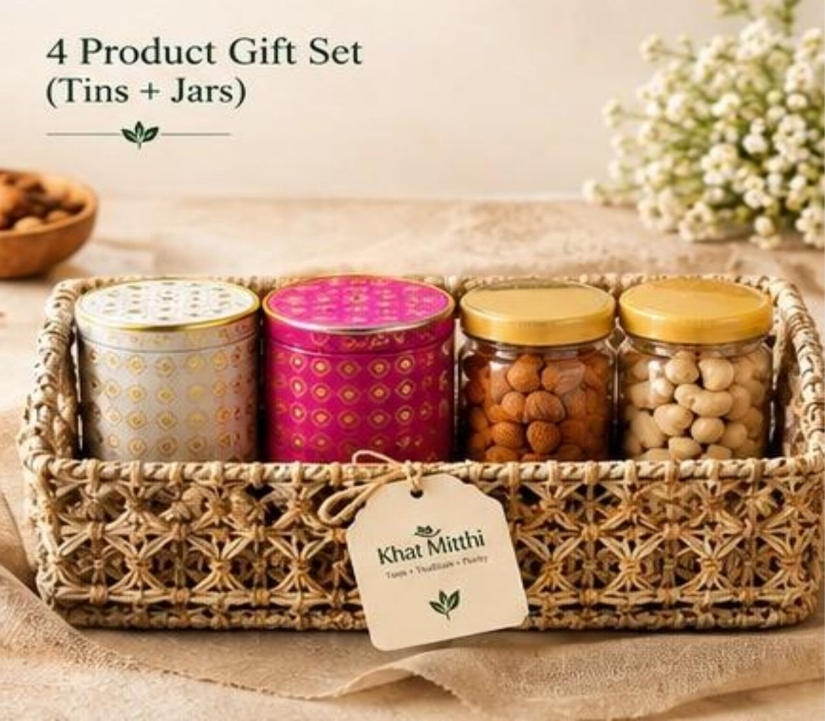Artisan woven jute tray hamper with dry fruits and makhana
