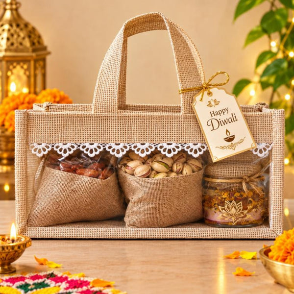 Jute woven Diwali gift bag with dry fruits, botanicals and candle
