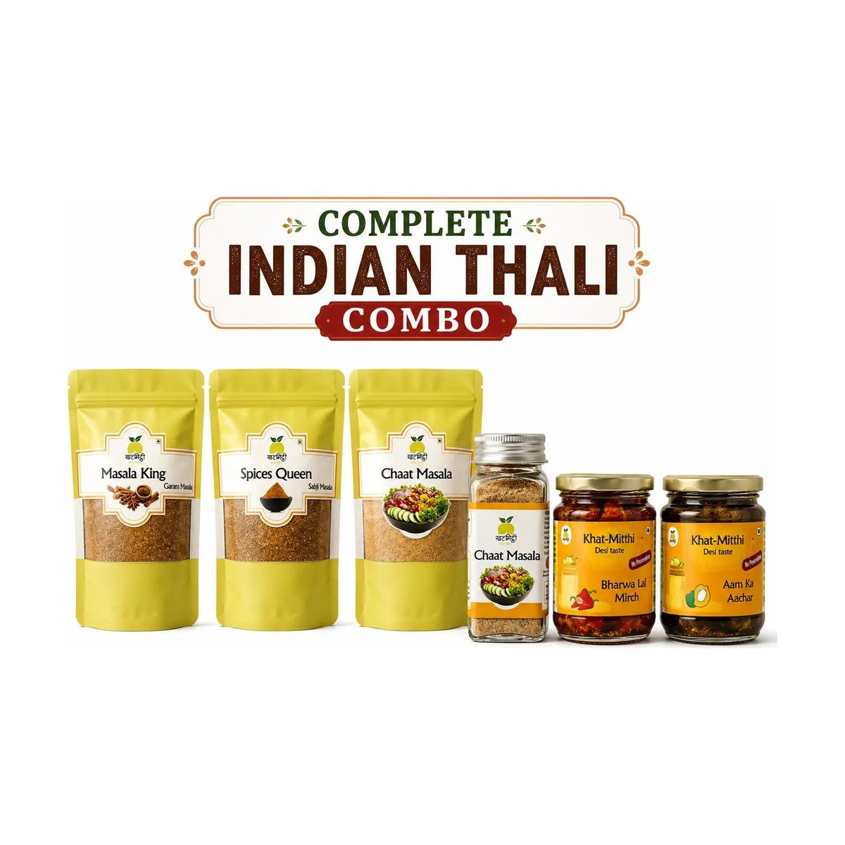 Complete Indian Thali Combo: 3 Masalas + 2 Pickles – Khat Mitthi
