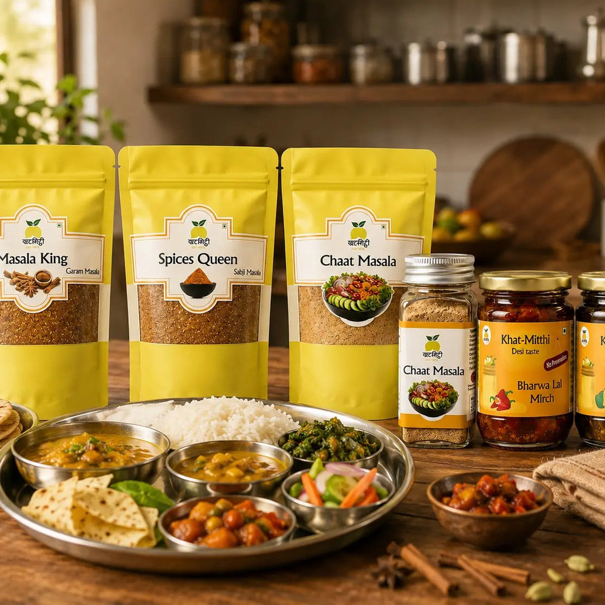 Complete Indian Thali Combo: 3 Masalas + 2 Pickles – Khat Mitthi (details)