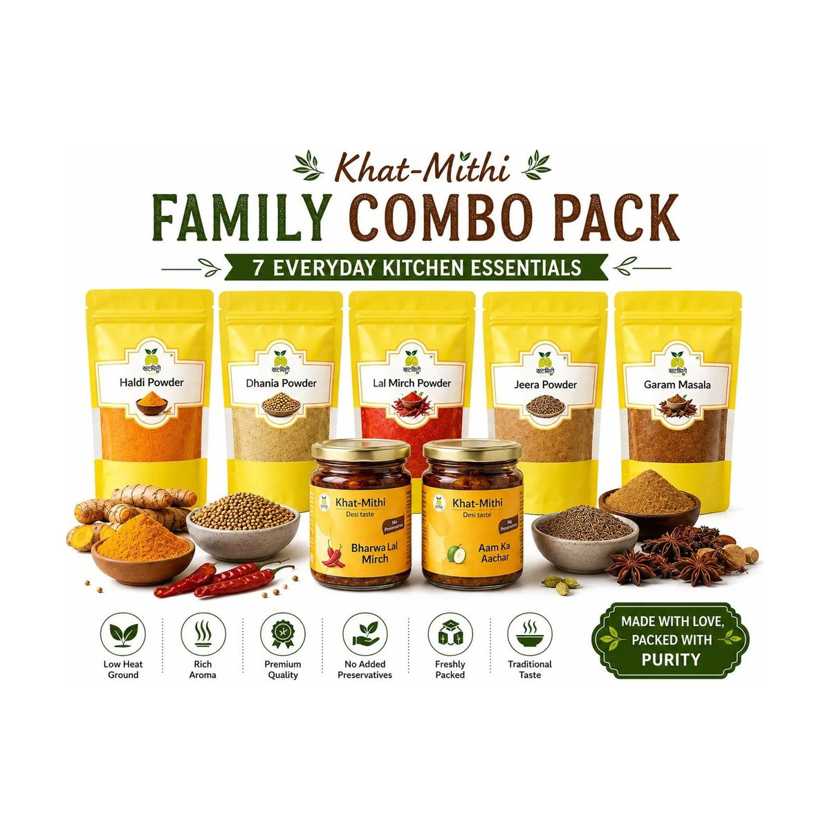Family Combo: 5 Spices + 2 Pickles (7 Essentials) – Khat Mitthi