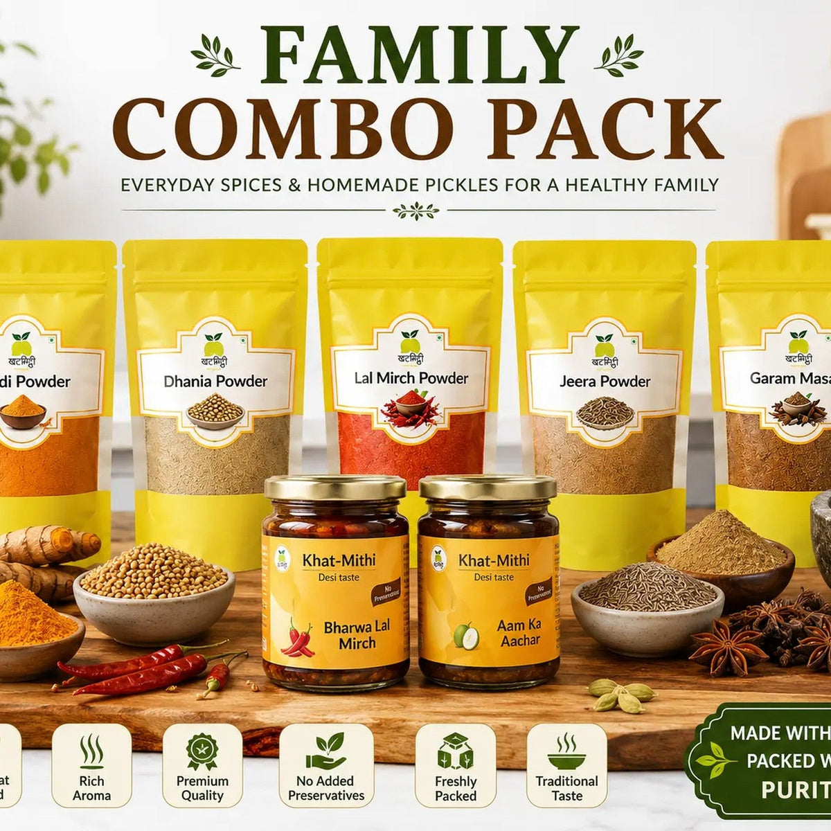 Family Combo: 5 Spices + 2 Pickles (7 Essentials) – Khat Mitthi (details)