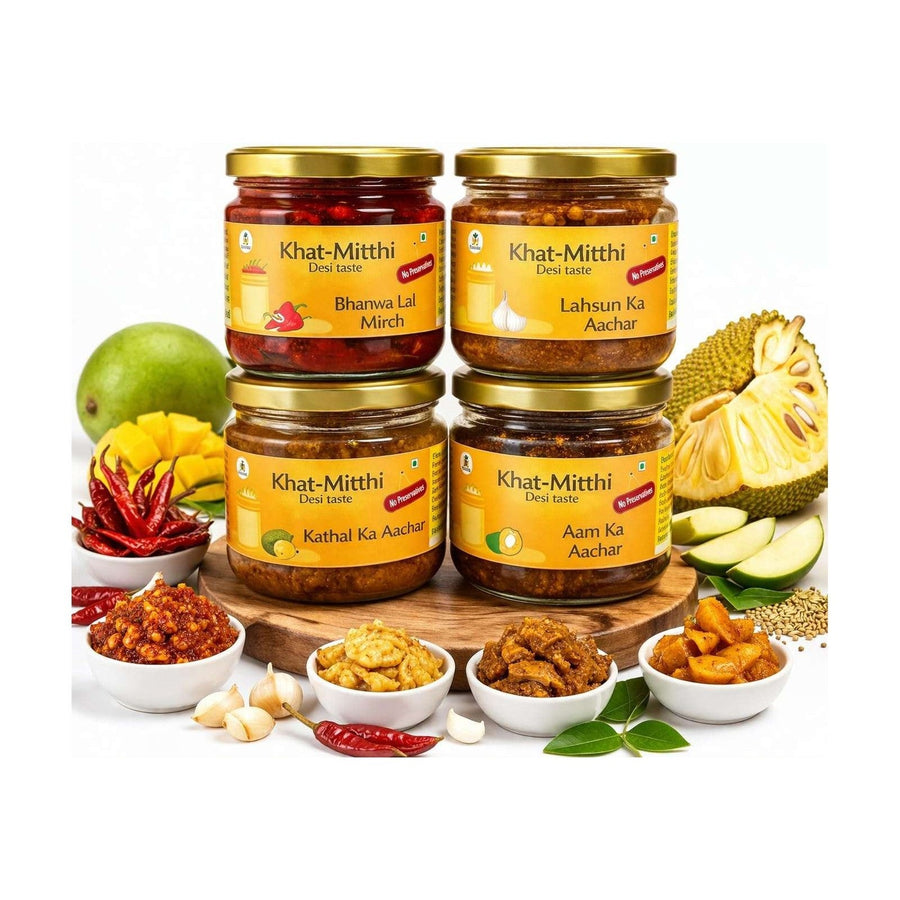 Pickle Combo of 4: Red Chilli, Mango, Kathal & Garlic (4 × 250g) – Khat Mitthi