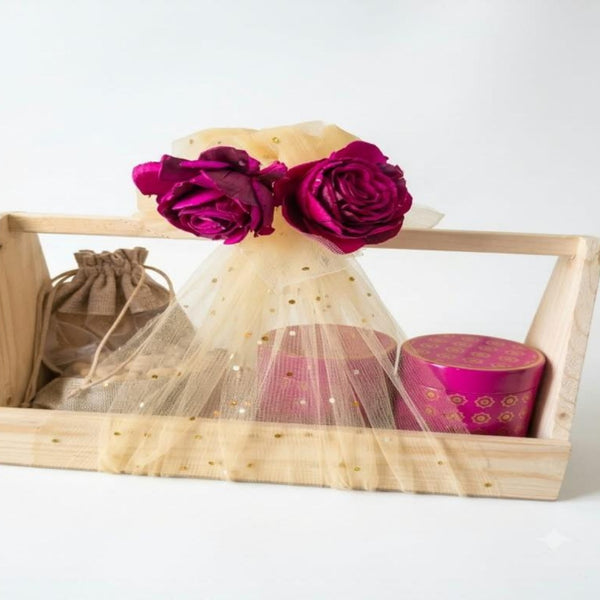 Royal Floral wooden caddy hamper with dry fruits, tulle and magenta roses