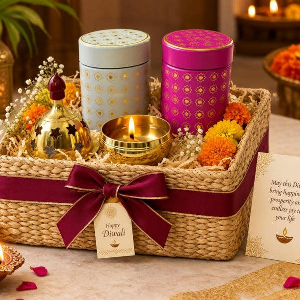 Premium Rustic Charm hamper with jute woven tray, tins and diya
