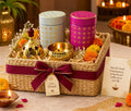 Premium Rustic Charm hamper with jute woven tray, tins and diya