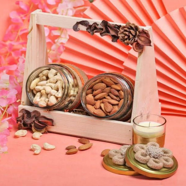Rustic Charm desk caddy with dry fruits and soy wax candle