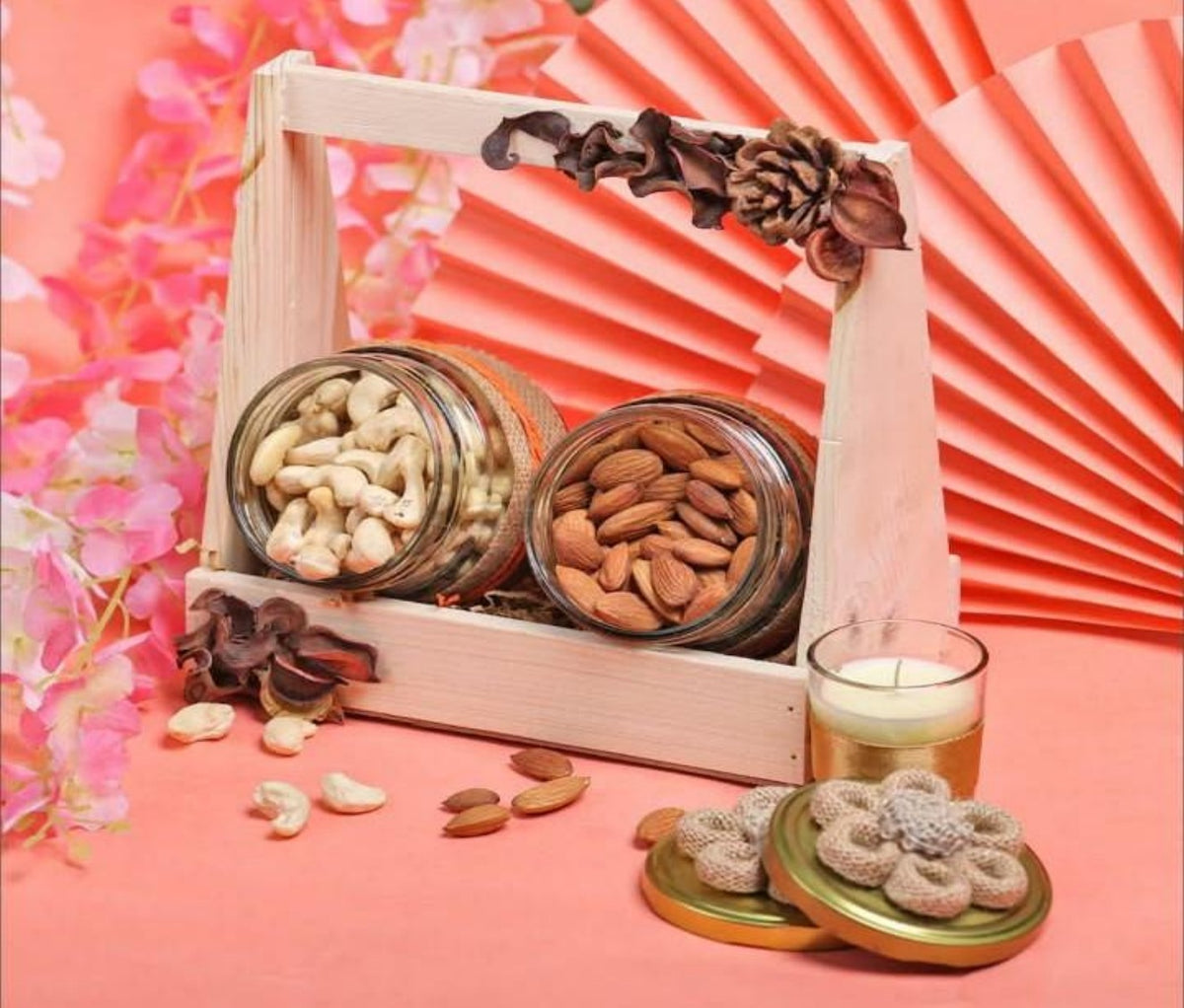 Rustic Charm desk caddy with dry fruits and soy wax candle