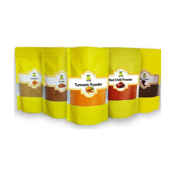 Daily Spices Combo 450g: Haldi, Lal Mirch, Dhania, Jeera & Kali Mirch – Khat Mitthi